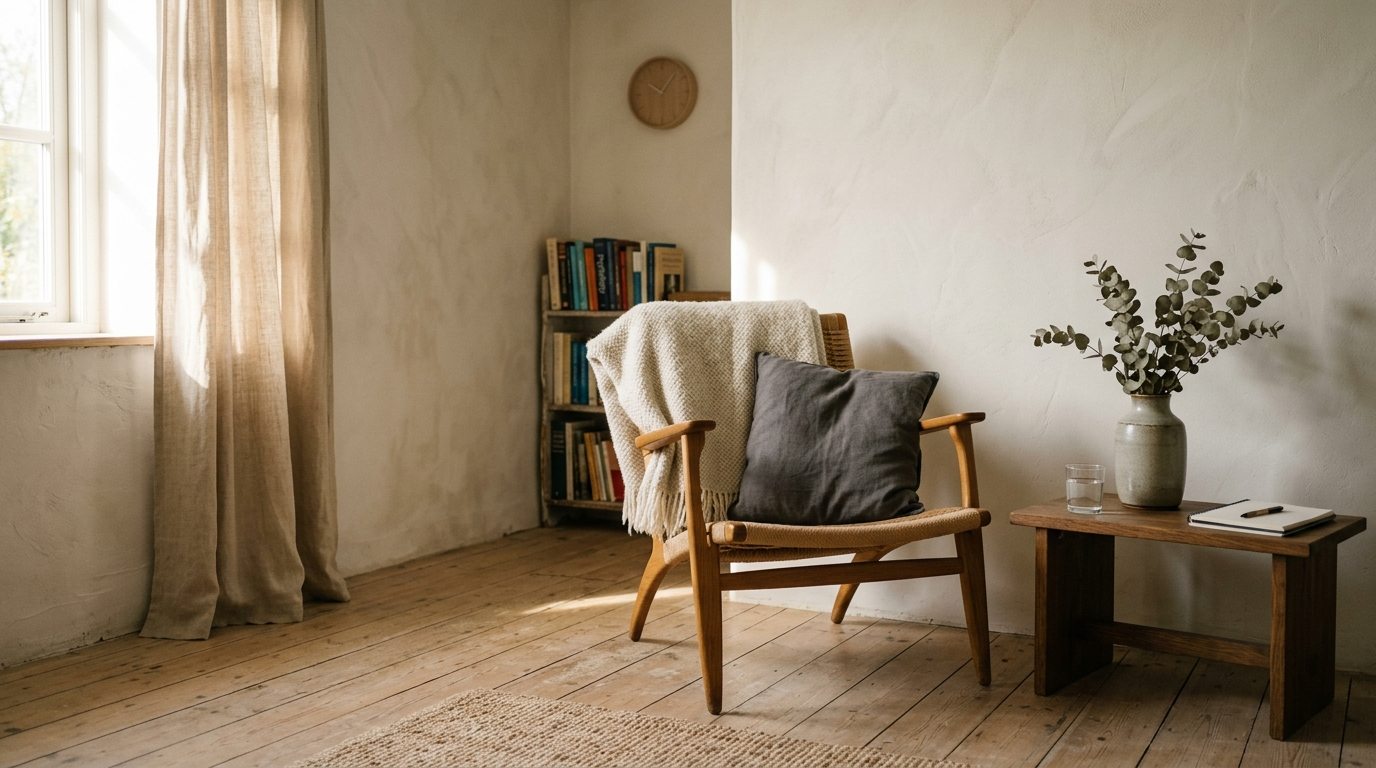 Sfeerbeeld met boeken, fauteuil en zacht middaglicht