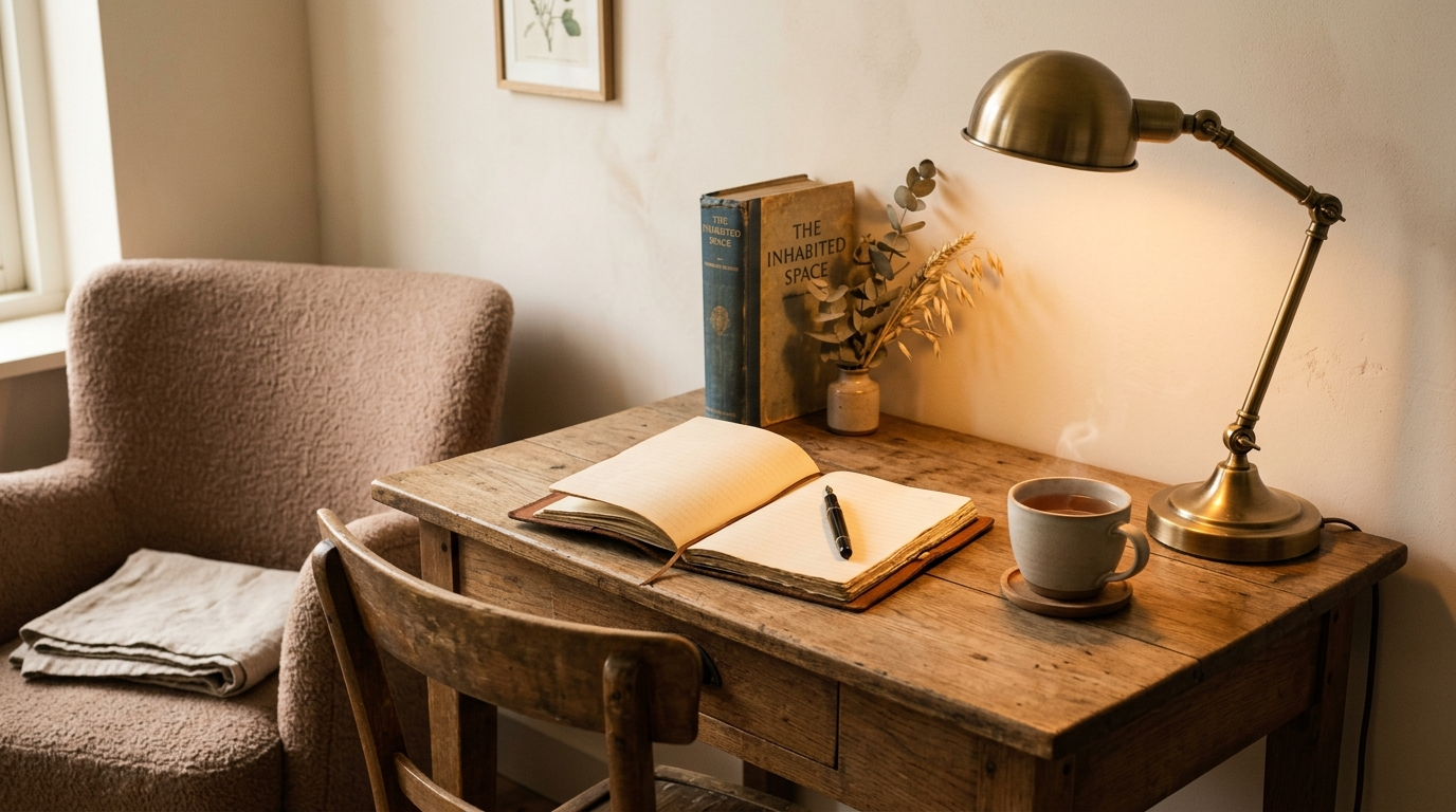 Sfeerbeeld bureau met aantekenboek en thee